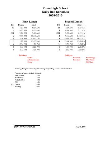 Yuma High School Daily Bell Schedule 2009-2010 First Lunch ...