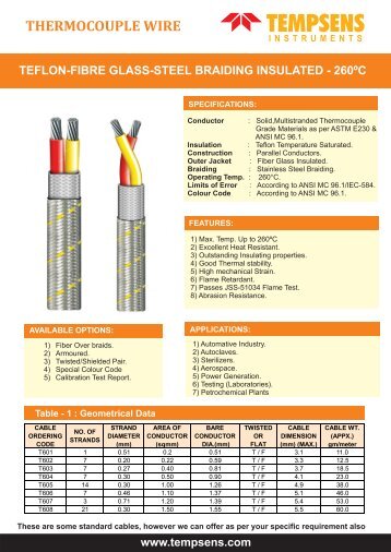 thermocouple wire Teflon Fiber Glass S.S. Braiding insulated