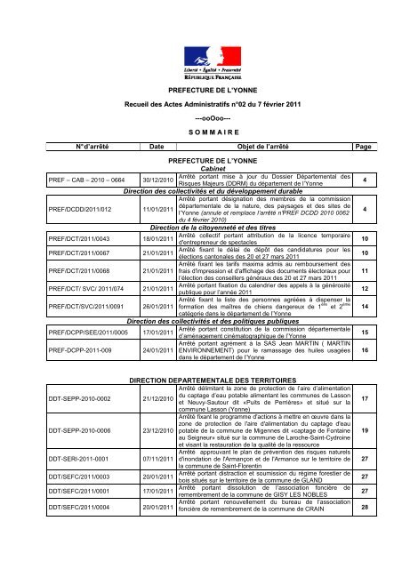 Recueil nÂ°2 du 7 fÃ©vrier 2011 - PrÃ©fecture de l'Yonne