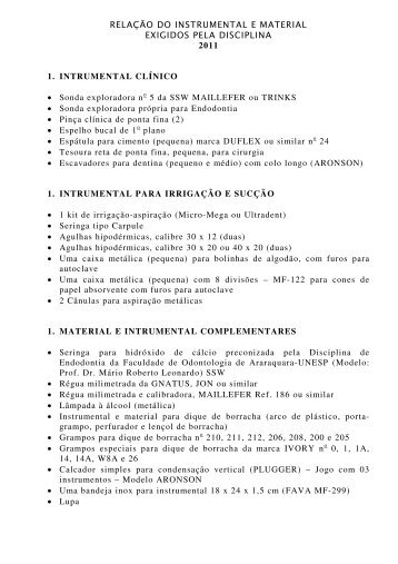 RELAÃÃO DO INSTRUMENTAL E MATERIAL EXIGIDOS PELA ...