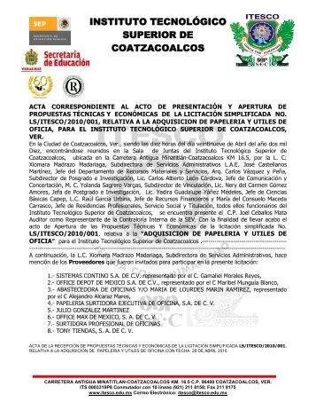 Apertura LS/ITESCO/10/00001 - Instituto TecnolÃ³gico Superior de ...
