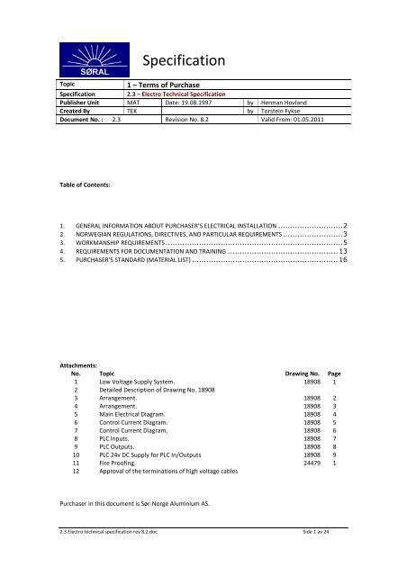 2.3 â Electro Technical Specifications - SÃ¸r-Norge Aluminium AS