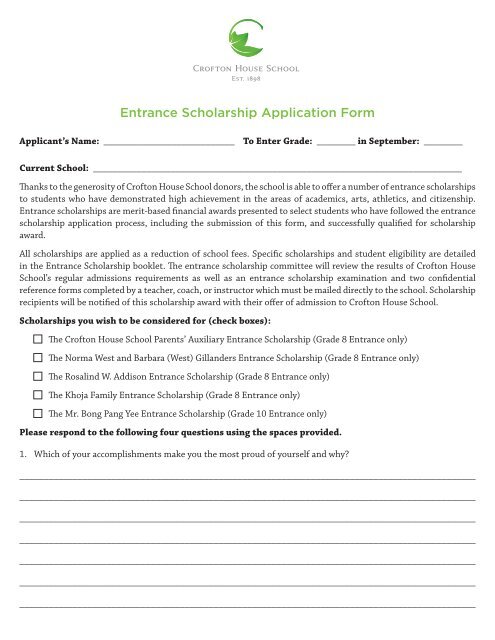 Entrance Scholarship Application Form - Crofton House School