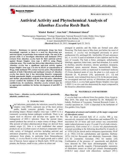 Antiviral Activity and Phytochemical Analysis of Ailanthus Excelsa ...