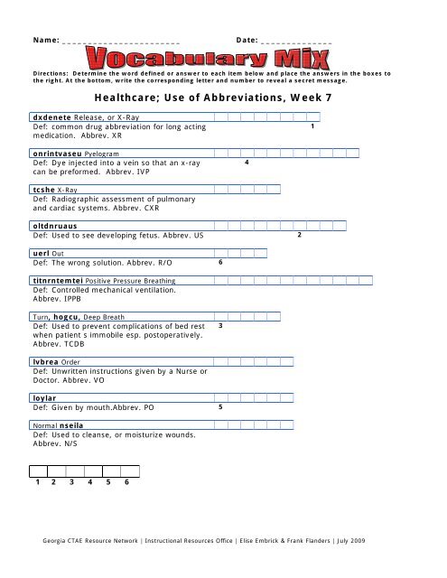 Vocabulary Mix Medical Terms Week 7 - Georgia CTAE