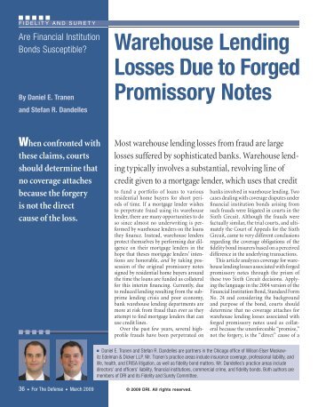 Warehouse Lending Losses Due to Forged Promissory ... - DRI Today