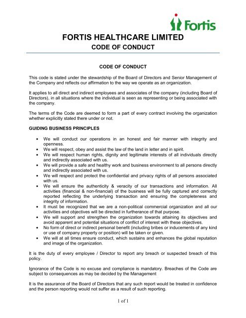 Code of conduct fortis healthcare