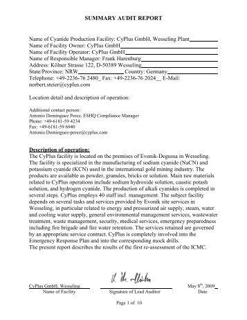 Summary Audit Report - International Cyanide Management Code