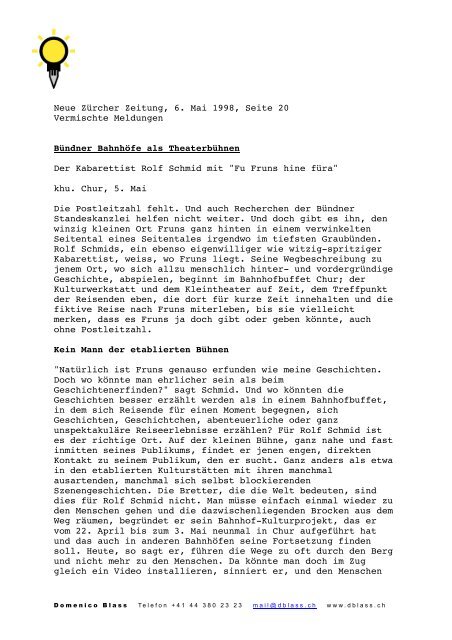 Neue ZÃ¼rcher Zeitung, 6. Mai 1998, Seite 20 ... - Domenico Blass.