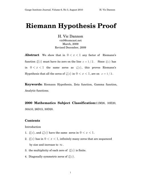 Riemann Hypothesis Proof Gauge Institute Org