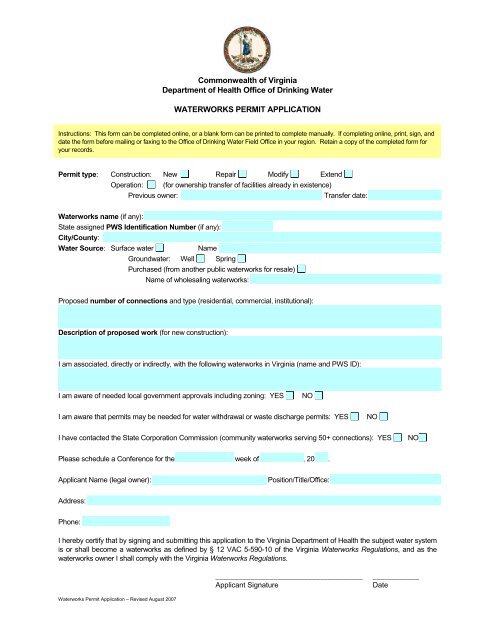 Applying for a Virginia Public Waterworks Operation Permit