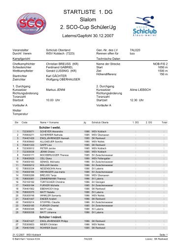 STARTLISTE 1. DG Slalom 2. SCO-Cup Schüler/Jg - Schiclub ...