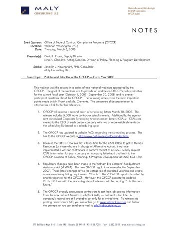 OFCCP Policy Update Webinar Notes - Maly Consulting LLC