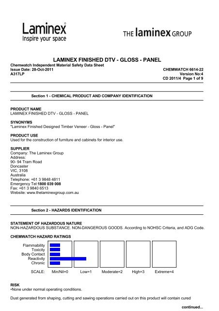 Laminex Finished DTV - Gloss - Panel MSDS 6614-22