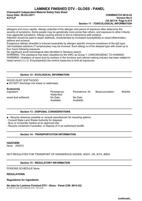 Laminex Finished DTV - Gloss - Panel MSDS 6614-22