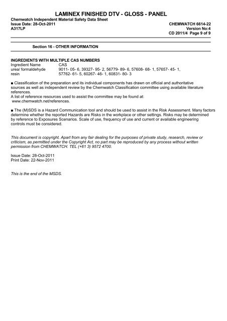 Laminex Finished DTV - Gloss - Panel MSDS 6614-22