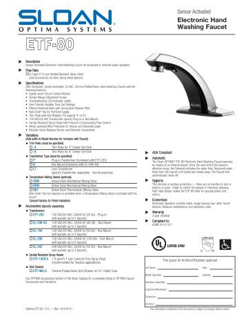 Optima ETF-80 Specification Sheet - Sloan Valve Company