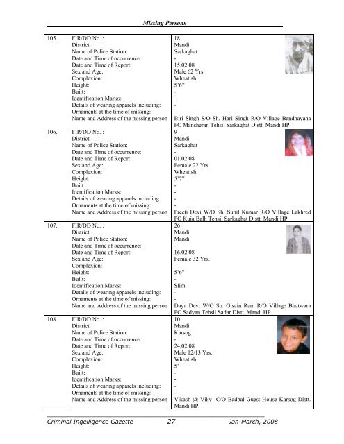 himachal pradesh police criminal intelligence gazette pointer