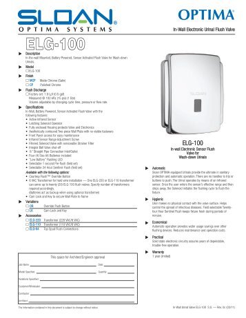 ELG-100 Specification - Sloan Valve Company
