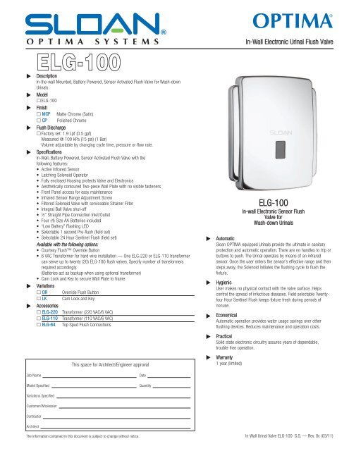 ELG-100 Specification - Sloan Valve Company