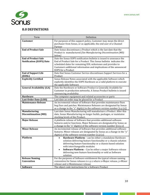 Sonus End of Product Sale Policy - Revised 9-12-13 - Sonus Networks