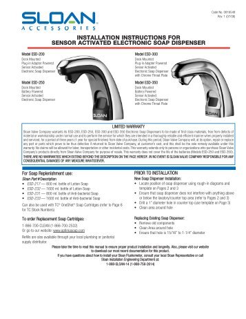 Installation Instructions for Sensor Activated Electronic Soap ...