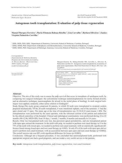 Autogenous tooth transplantation: Evaluation of pulp tissue ... - RIHUC
