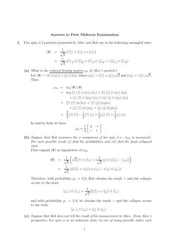 Answers to First Midterm Examination 1. Two spin 1/2 particles ...
