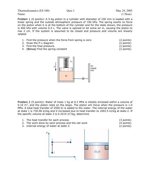 Thermodynamics (ES 340) Quiz 1 May 24, 2005 Name: (1 Hour)