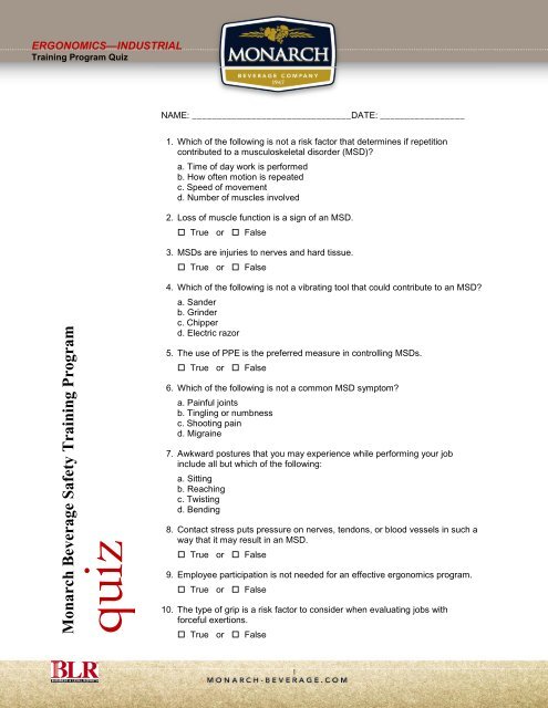 Ergonomics Quiz - Monarch Beverage