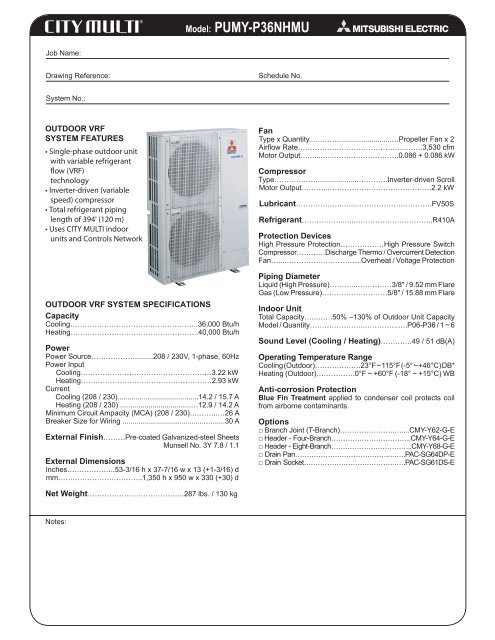 Model: PUMY-P36NHMU - Mitsubishi Electric Sales Canada Inc.