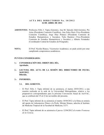 ACTA DEL DIRECTORIO No. 10/2012 16 DE - CDCH-UCV