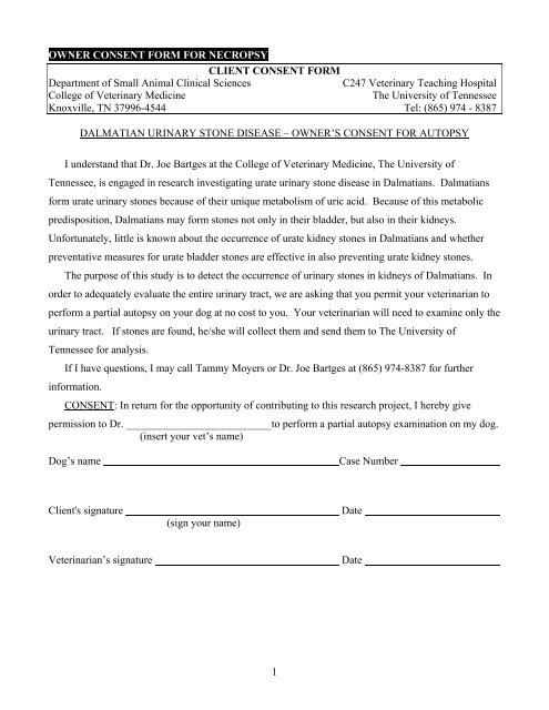 Owner consent form for necropsy