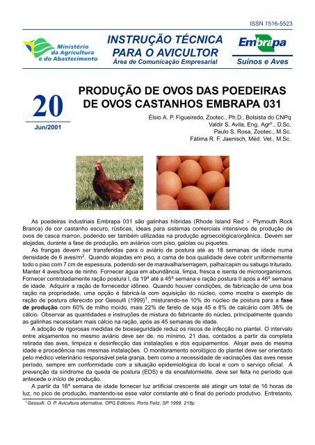 produÃ§Ã£o de ovos das poedeiras de ovos castanhos embrapa 031