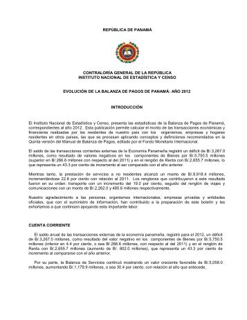 balanza de pagos de panamÃ¡ - ContralorÃ­a General de la RepÃºblica