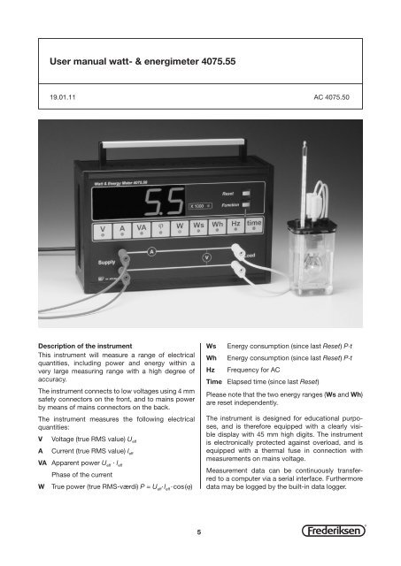 Vejledning til watt- & energimeter 4075.50 - Frederiksen