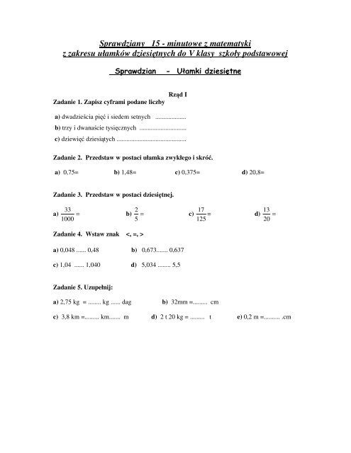 Sprawdziany 15 - minutowe z matematyki z zakresu uÅamkÃ³w ...