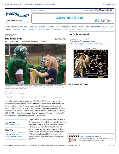 'The Blind Side' movie review - 'The Blind Side' showtimes ... - Ensign