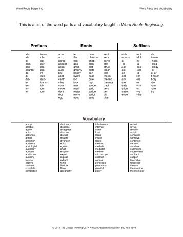 the critical thinking company word roots Word roots lv 4 (ctb3754) students learn the meaning and spelling of roots, prefixes, and suffixes commonly used in english learning these word elements dramatically improves spelling and the ability to decode unfamiliar word. the critical thinking company word roots Word roots lv 4 (ctb3754) students learn the meaning and spelling of roots, prefixes, and suffixes commonly used in english learning these word elements dramatically improves spelling and the ability to decode unfamiliar word.