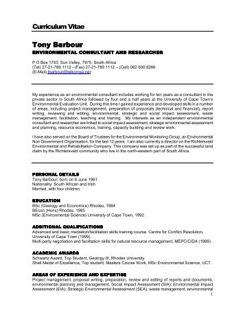 Curriculum Vitae Tony Barbour - BolandEnviro.co.za