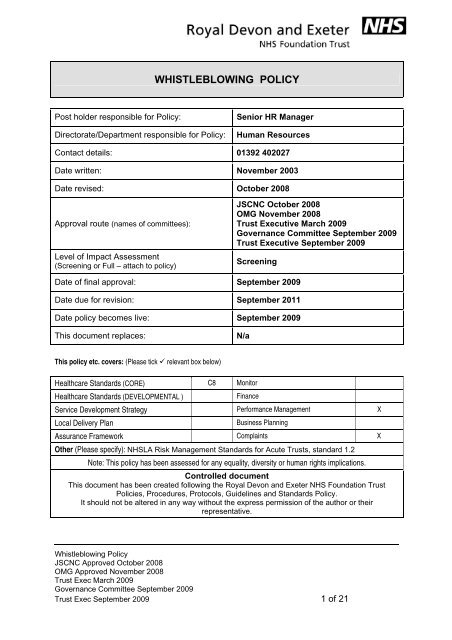 WHISTLEBLOWING POLICY - Royal Devon & Exeter Hospital