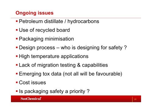 Migration from food packaging inks Issues & some solutions