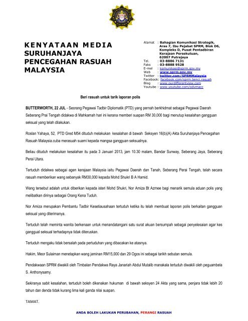 kenyataan media suruhanjaya pencegahan rasuah malaysia