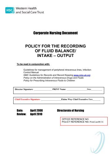 policy for the recording of fluid balance/ intake Ã¢Â€Â“ output