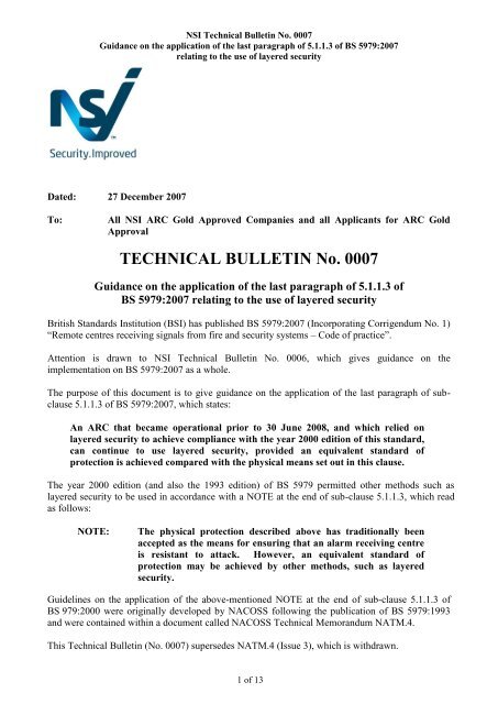 TECHNICAL BULLETIN No. 0007 - National Security Inspectorate