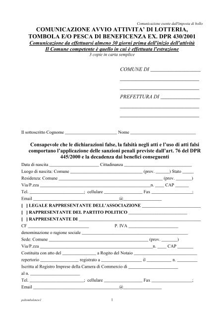 comunicazione avvio attivita' di lotteria, tombola e/o pesca di ...