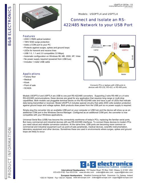 USOPTL4, USPTL4 - Datasheet - USB to One Port RS-422/485 ...