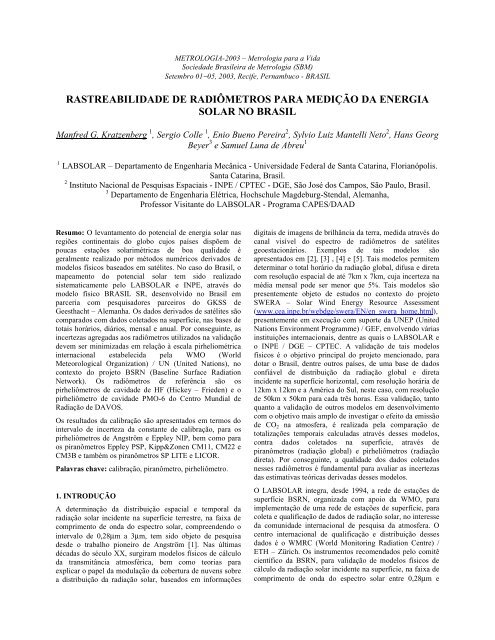 rastreabilidade de radiômetros para medição da energia solar no ...