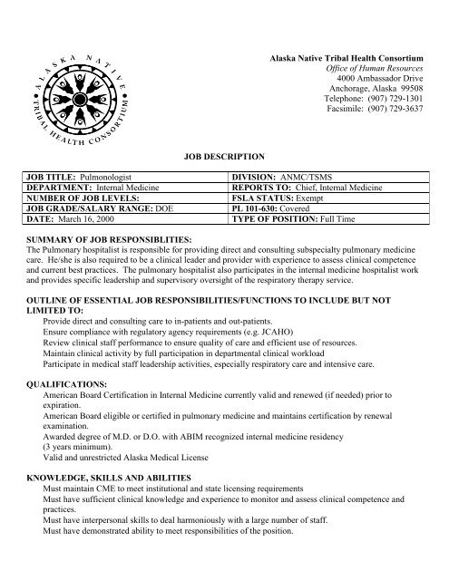 Job Description Job Title Pulmonologist Division Anthc Job Description Job Title Pulmonologist Division Anthc