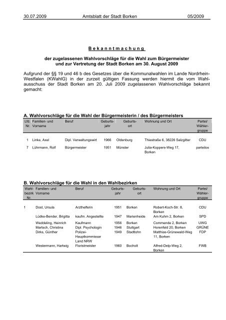 Bekanntmachung der zugelassenen Wahlvorschläge ... - Stadt Borken